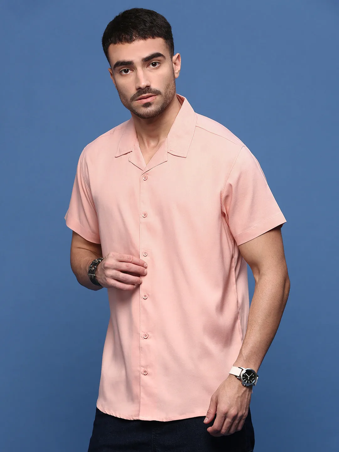 QuickRelease Fasteners Men's Peach Solid Casual Cuban Collar Shirt