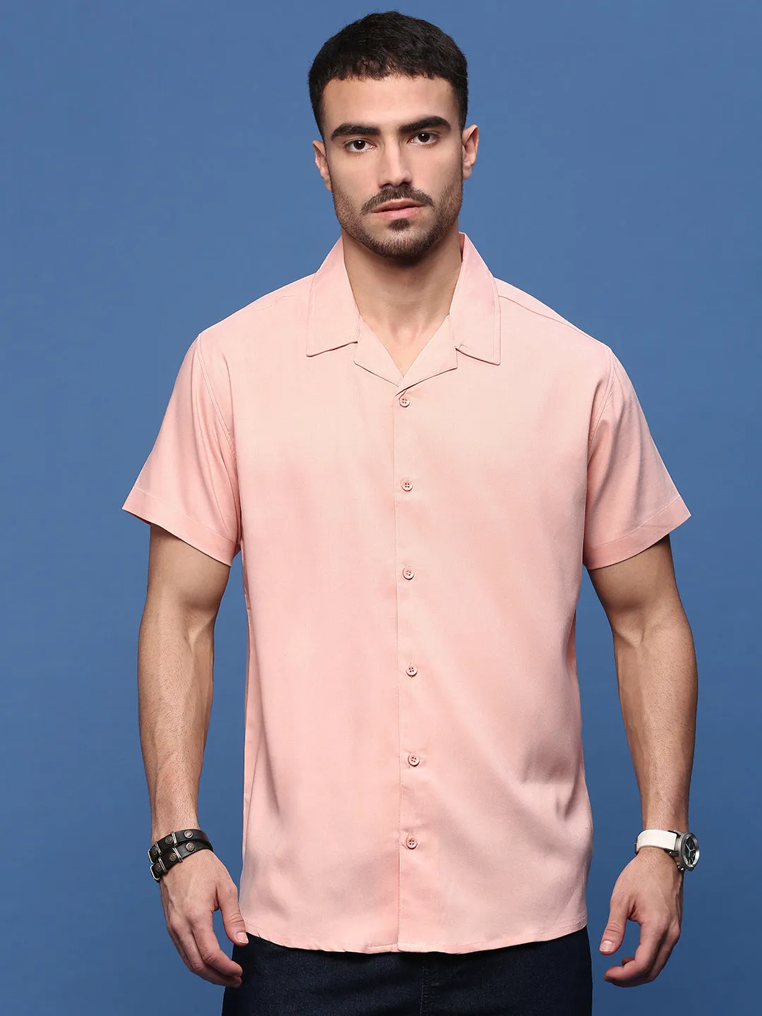 Scandi Clean Men's Peach Solid Casual Cuban Collar Shirt
