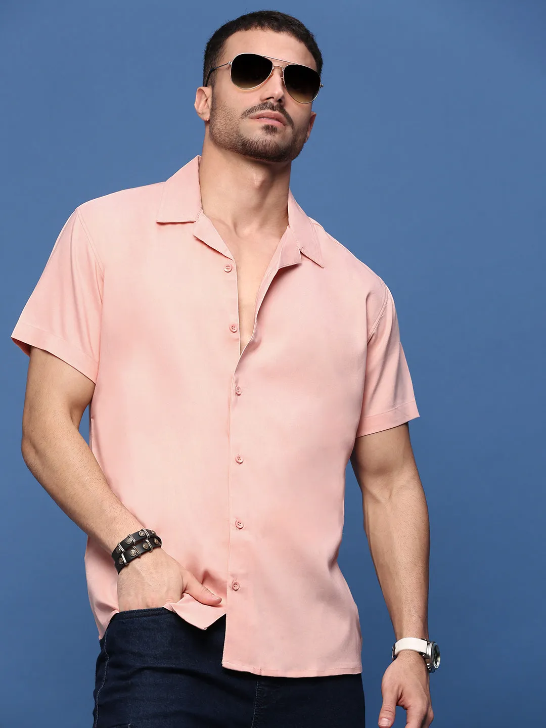 Men's Peach Solid Casual Cuban Collar Shirt VentilatedKnit