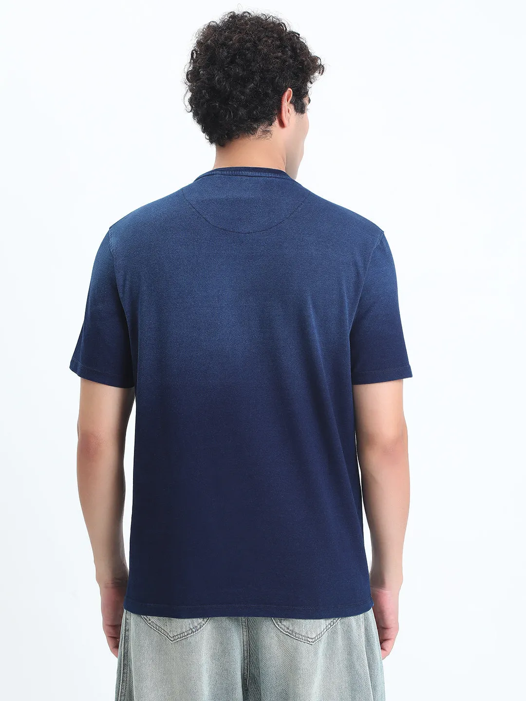 Men's Ombre Navy Blue Round Neck Regular Fit T-Shirt Comfy Style Lightweight sweater