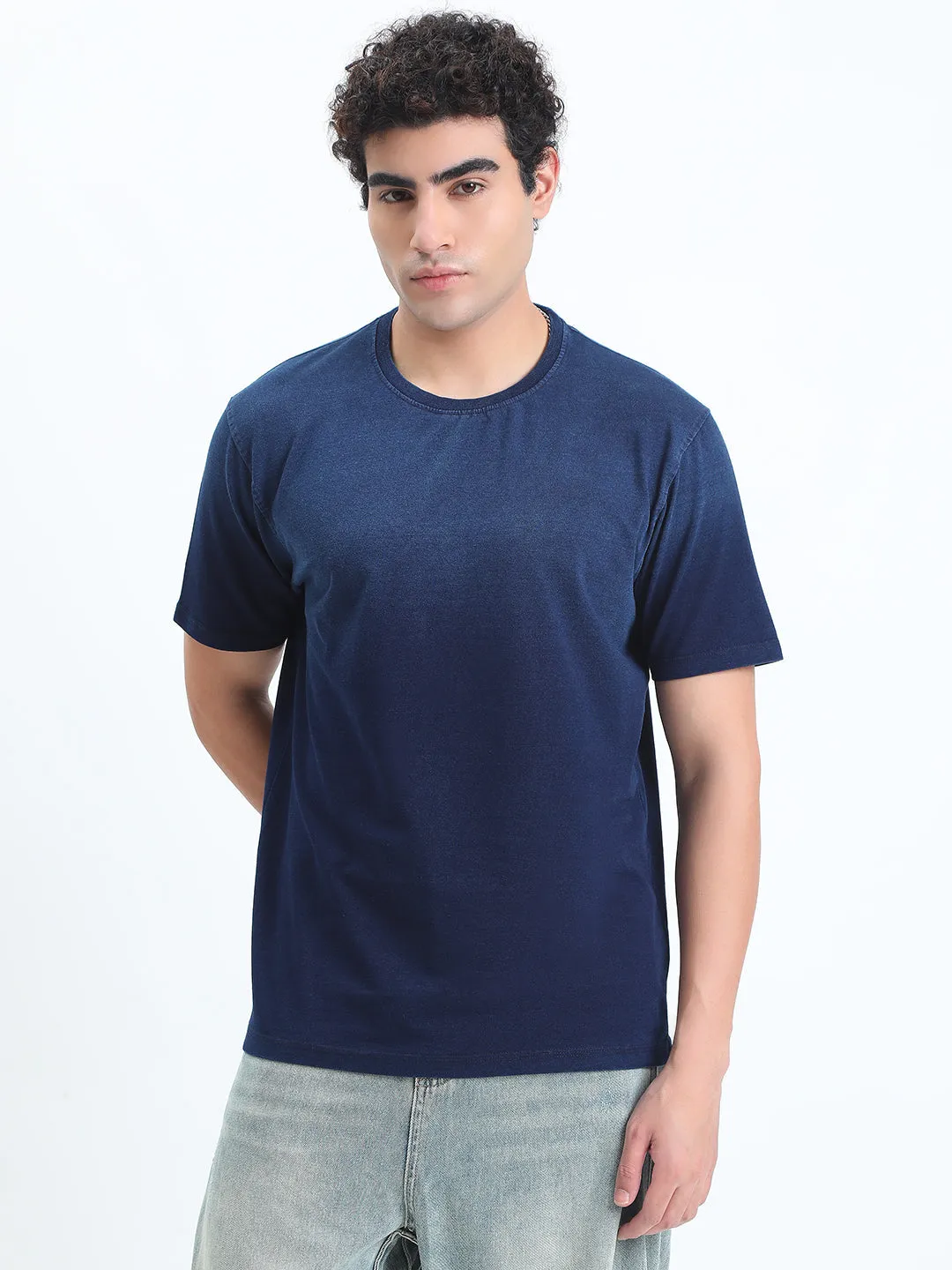 Men's Ombre Navy Blue Round Neck Regular Fit T-Shirt Design Soul
