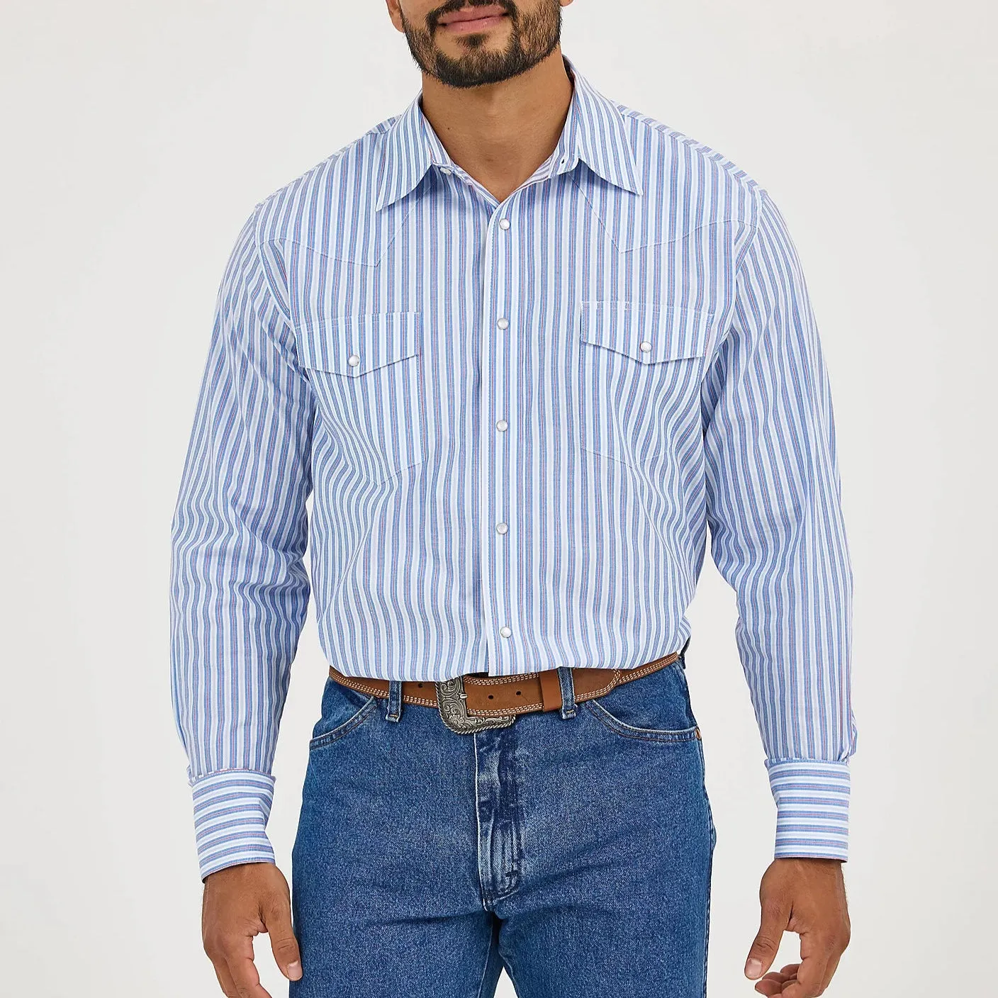 Wrangler Men's L/S Wrinkle Resist Striped Western Snap Shirt in Bold Blues (Available in Big & Tall Sizes) Linen blend Simple yet stylish