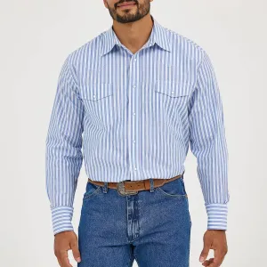 Wrangler Men's L/S Wrinkle Resist Striped Western Snap Shirt in Bold Blues (Available in Big & Tall Sizes) Linen blend Simple yet stylish