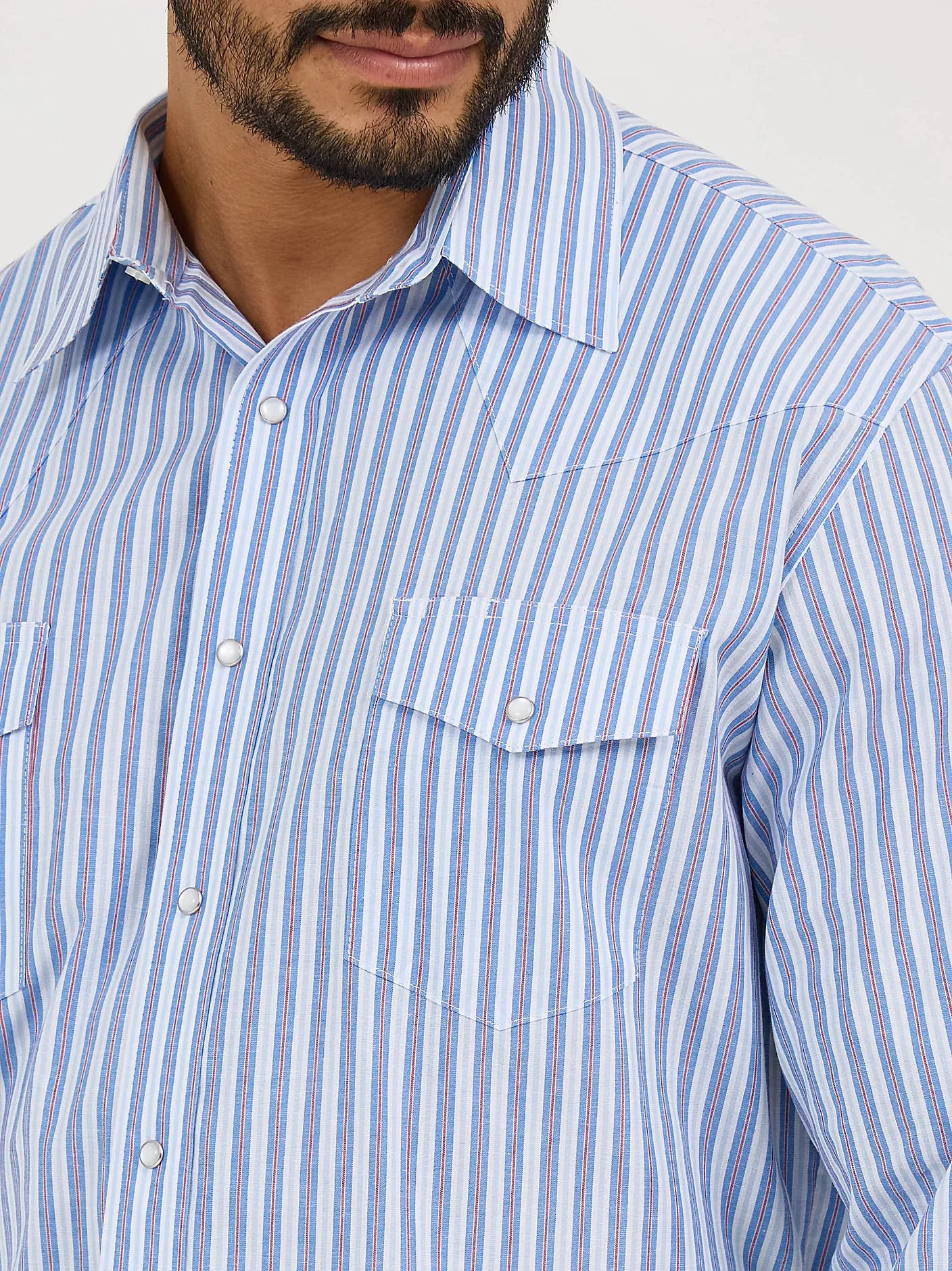 Comfortable Casual Wrangler Men's L/S Wrinkle Resist Striped Western Snap Shirt in Bold Blues (Available in Big & Tall Sizes)