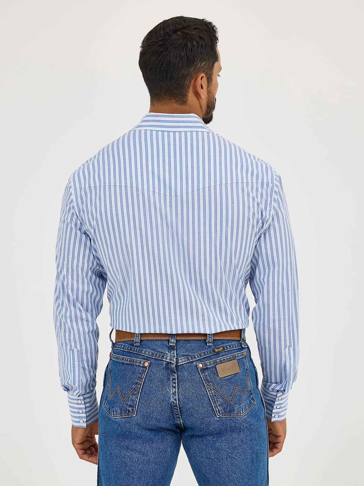 Fresh and Cool Wrangler Men's L/S Wrinkle Resist Striped Western Snap Shirt in Bold Blues (Available in Big & Tall Sizes)