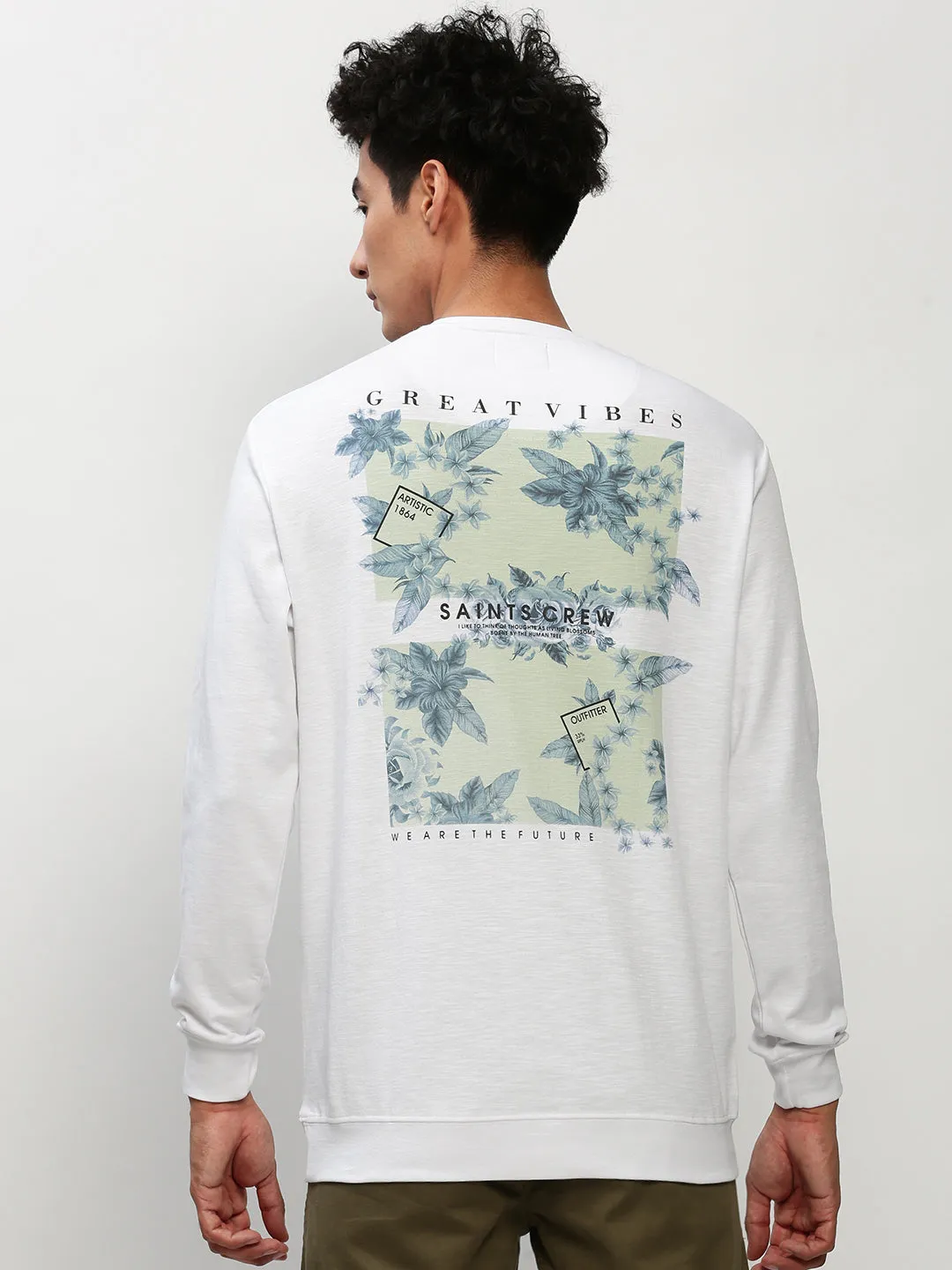 Street-Ready Wear Casual Outerwear Men's White Floral Printed Cotton Sweatshirt