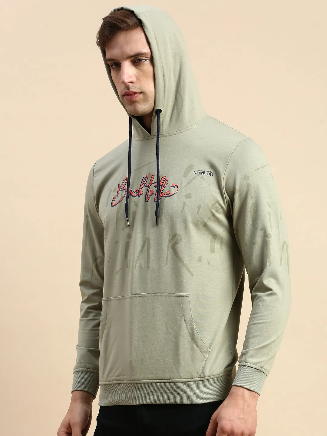 Men's Olive Typography Printed Hooded Cotton Sweatshirt Cool Style