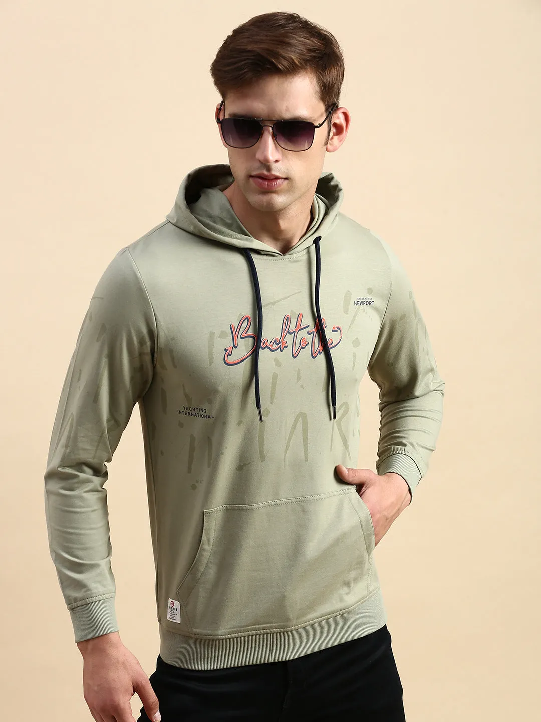 Men's Olive Typography Printed Hooded Cotton Sweatshirt Stretchy