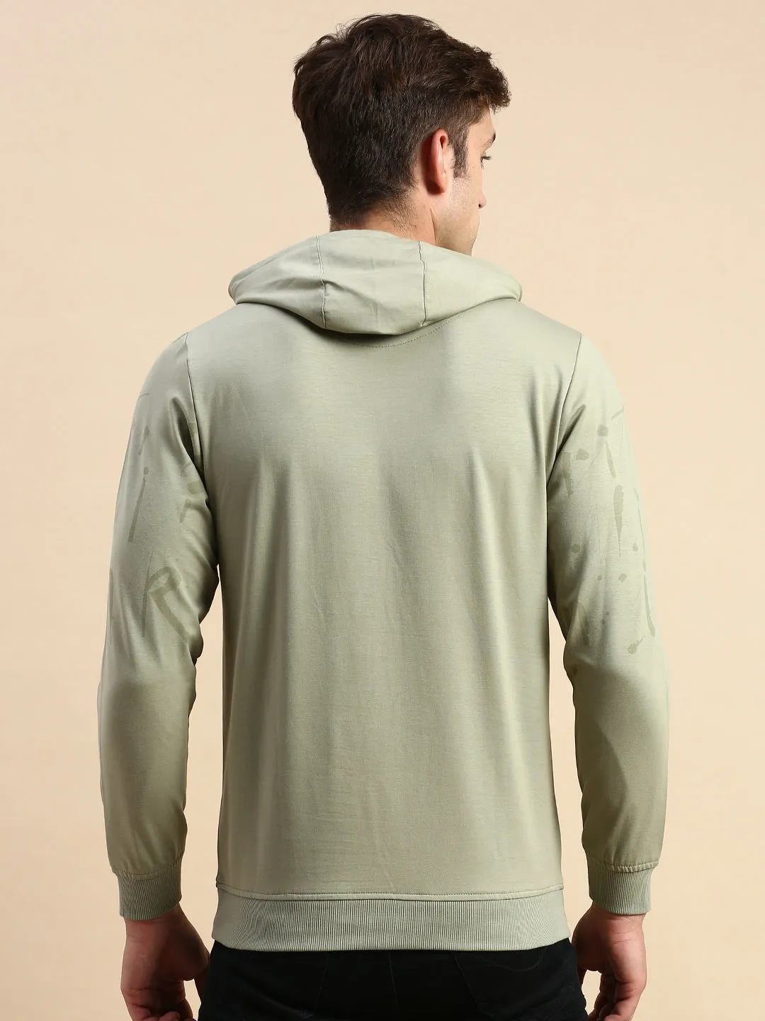 Casual Outerwear Men's Olive Typography Printed Hooded Cotton Sweatshirt