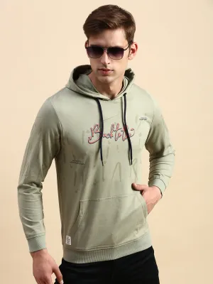 Men's Olive Typography Printed Hooded Cotton Sweatshirt Stretchy