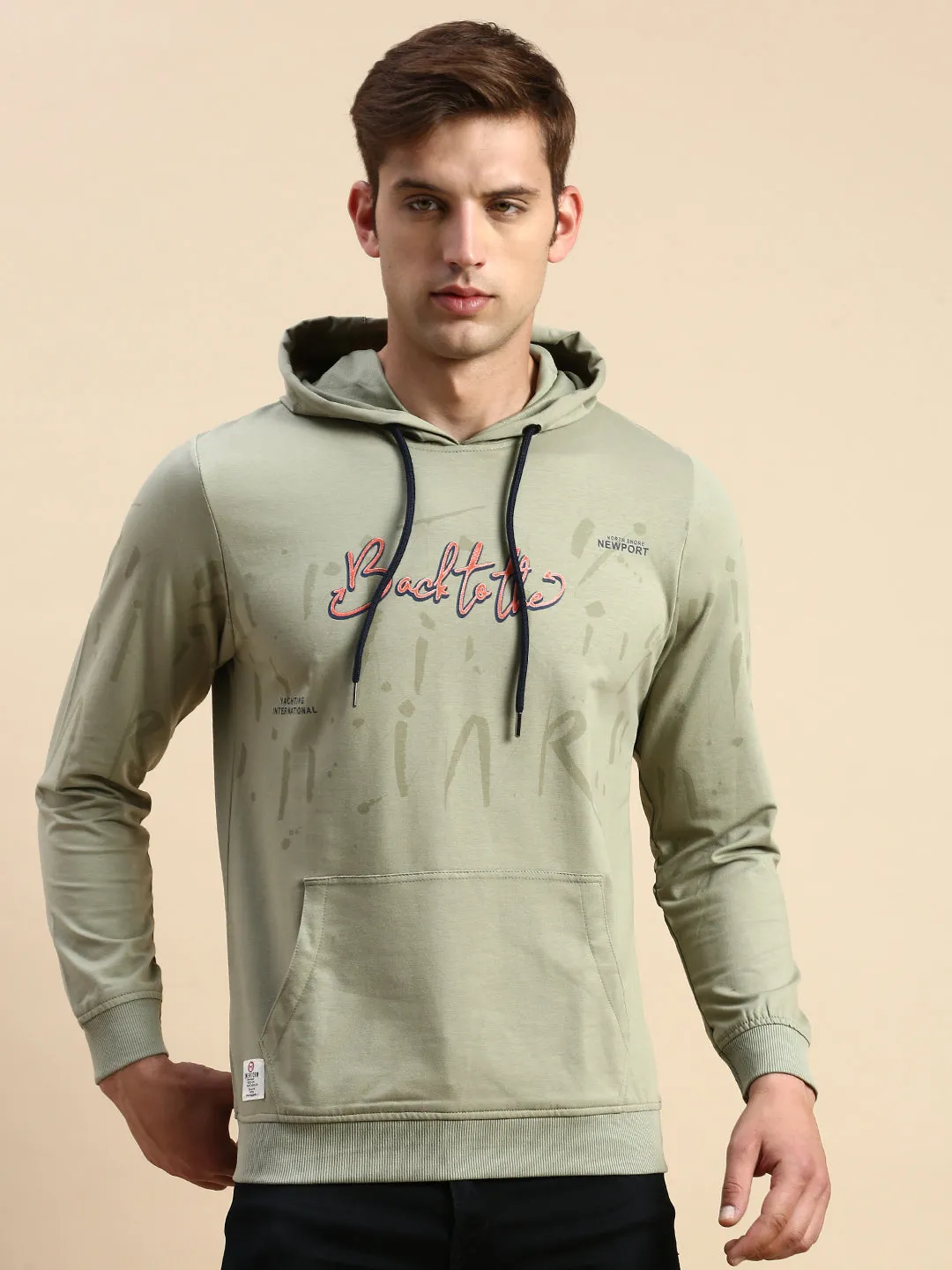 birthday wear Men's Olive Typography Printed Hooded Cotton Sweatshirt