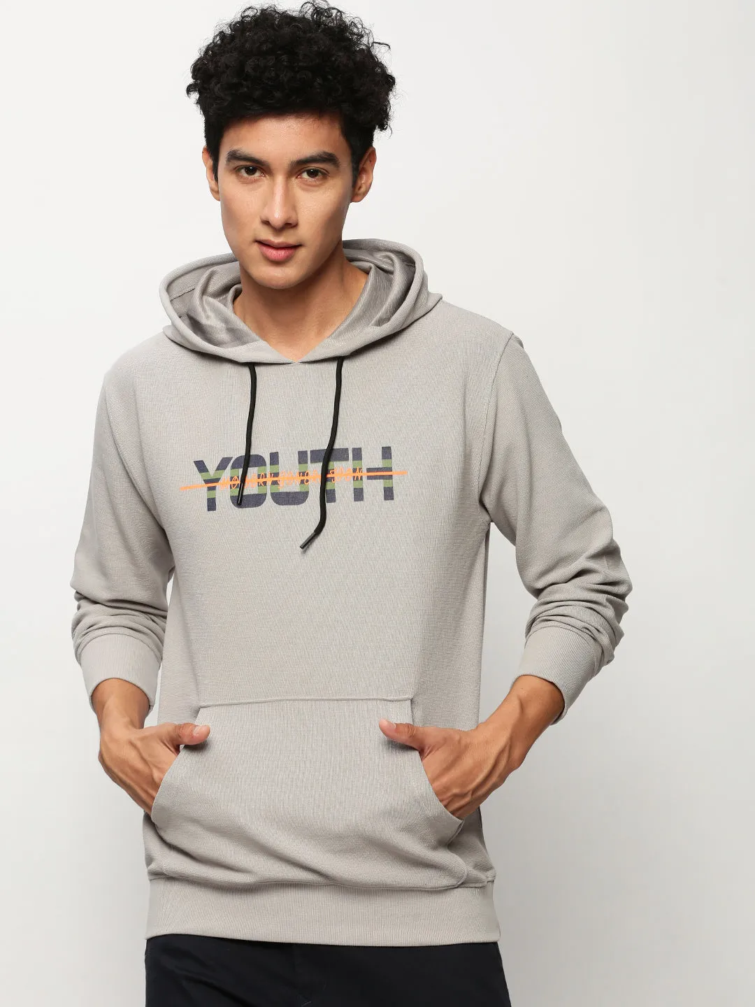 weekday wear Men's Grey Typography Printed Hooded Cotton Sweatshirt