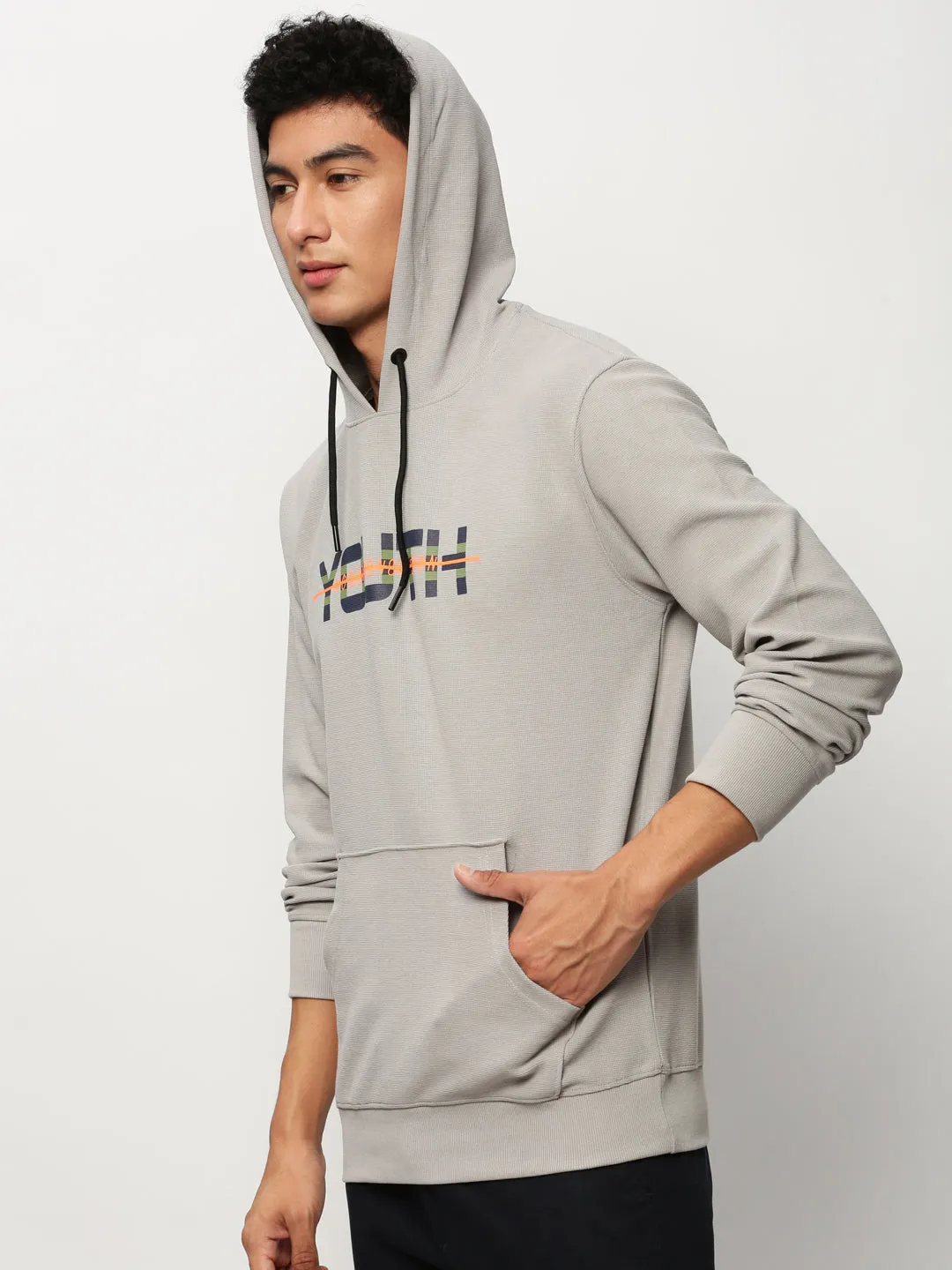 Men's Grey Typography Printed Hooded Cotton Sweatshirt Street-Ready Wear
