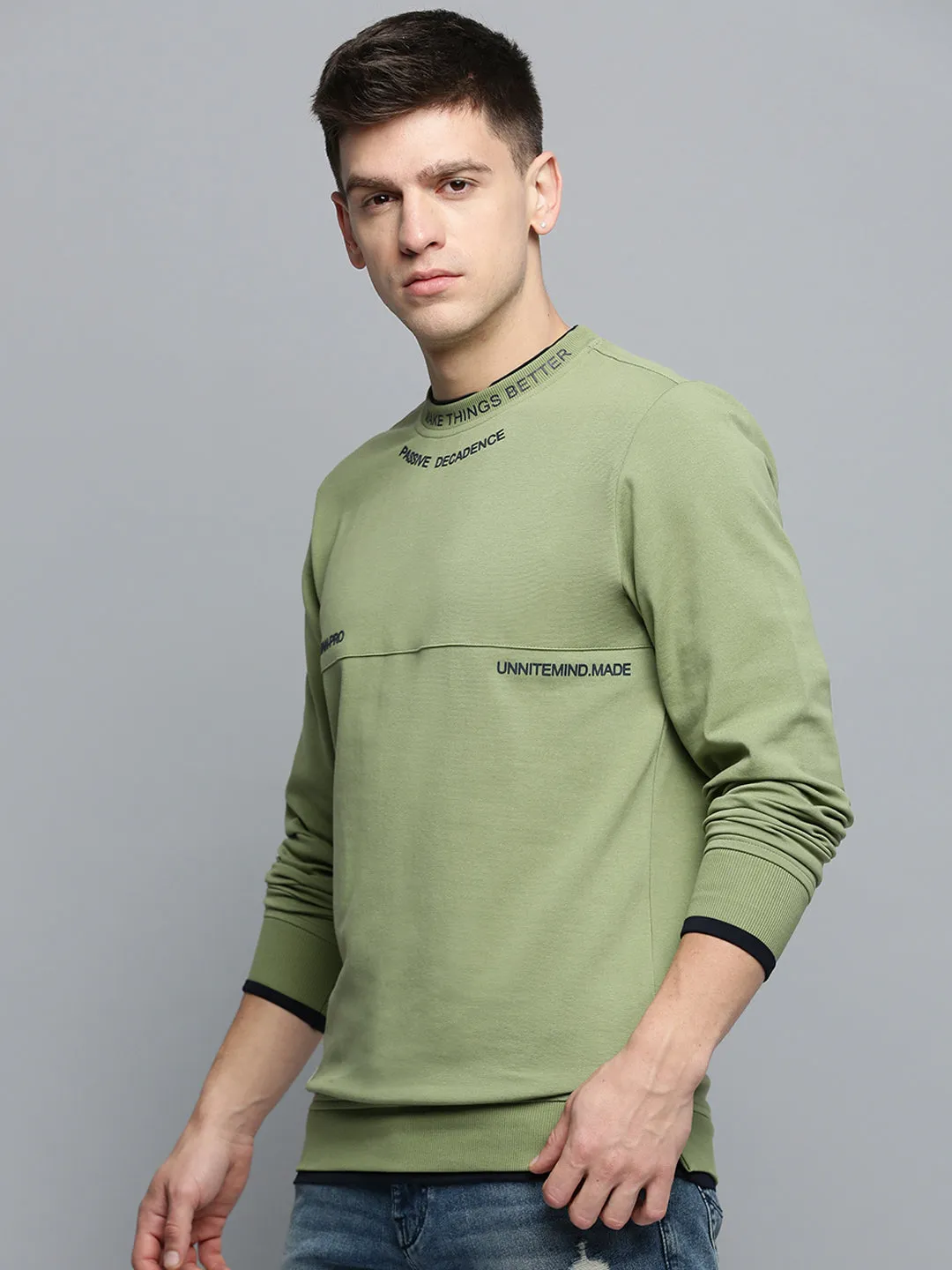Men's Green Round Neck Typographic Printed Sweatshirt Weekend Casual neon colors
