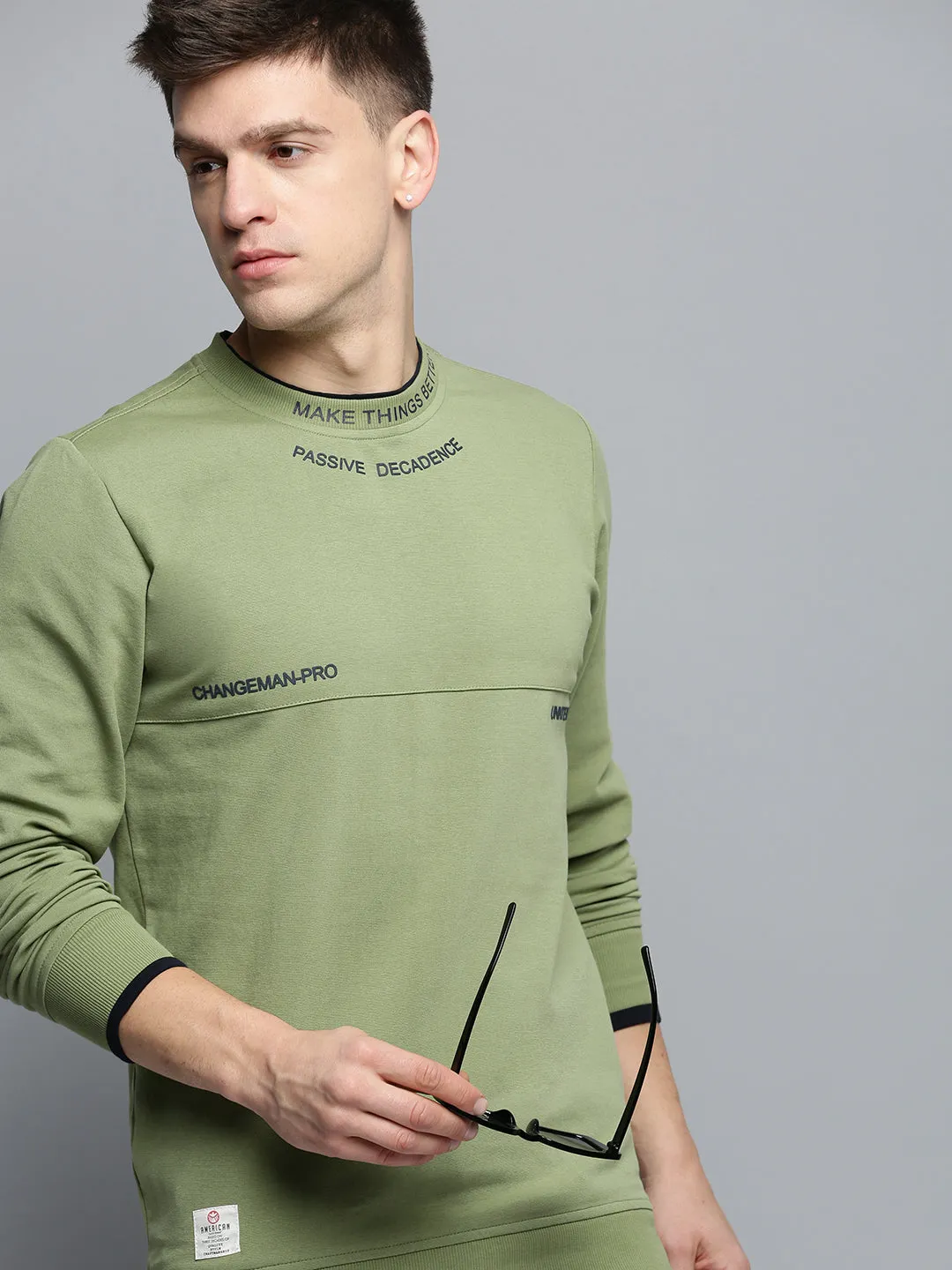 Men's Green Round Neck Typographic Printed Sweatshirt product hiking suitable durability
