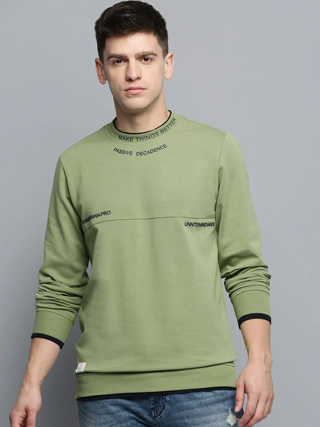 Men's Green Round Neck Typographic Printed Sweatshirt Yoga wear Vibrant Print