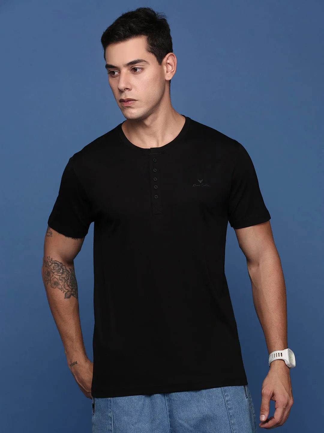 Men's Black Henley Neck Cotton Solid Slim Fit T-Shirt Logo Design