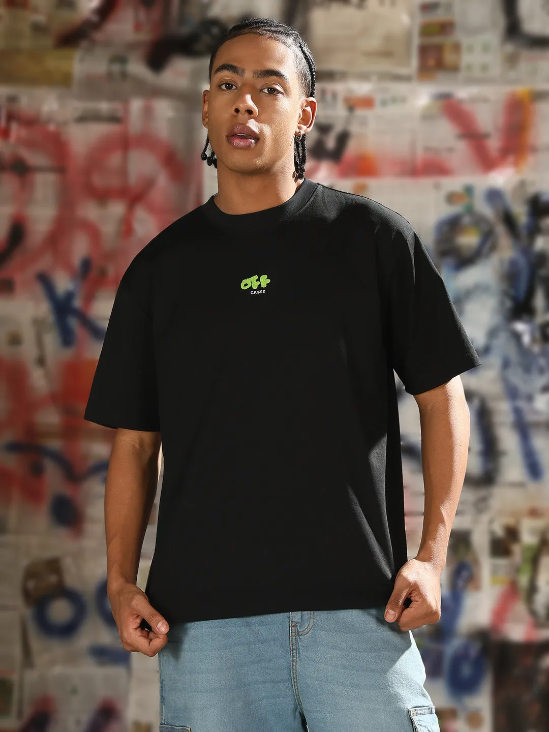 Men's Casual Black Typography Relaxed Fit T-Shirt QuickRelease Fasteners Suede Mood