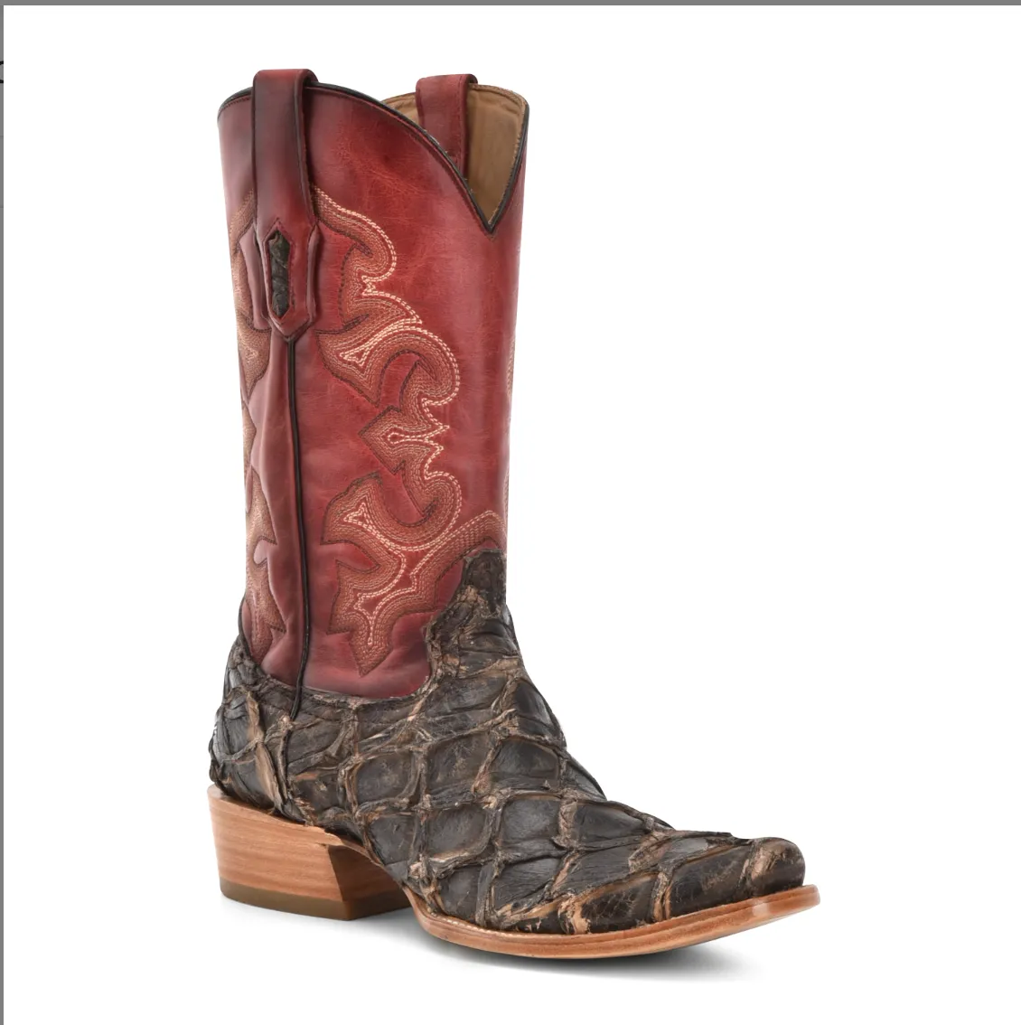 Corral Men's Brown Pirarucu Fish & Red Embroidery Horseman Toe Western Boot Snow Day