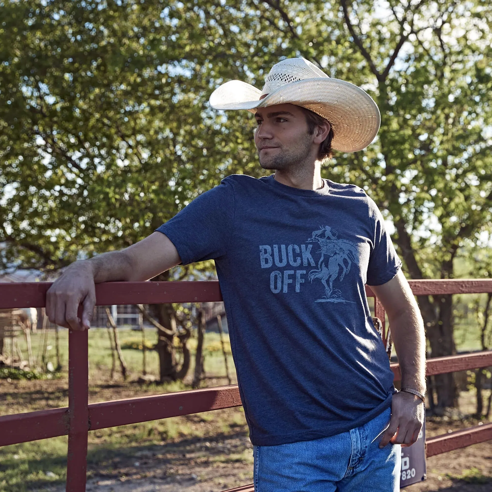 Cowboy Cool "Buck Off" Graphic Tee in Midnight Navy Picnic Simple and Relaxed
