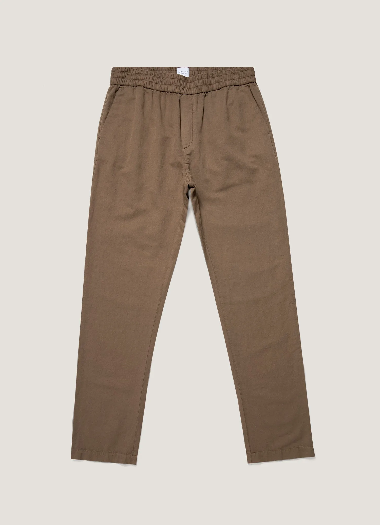 Lightweight Fit Four Way Stretch Men's Cotton Linen Drawstring Trouser in Dark Tan