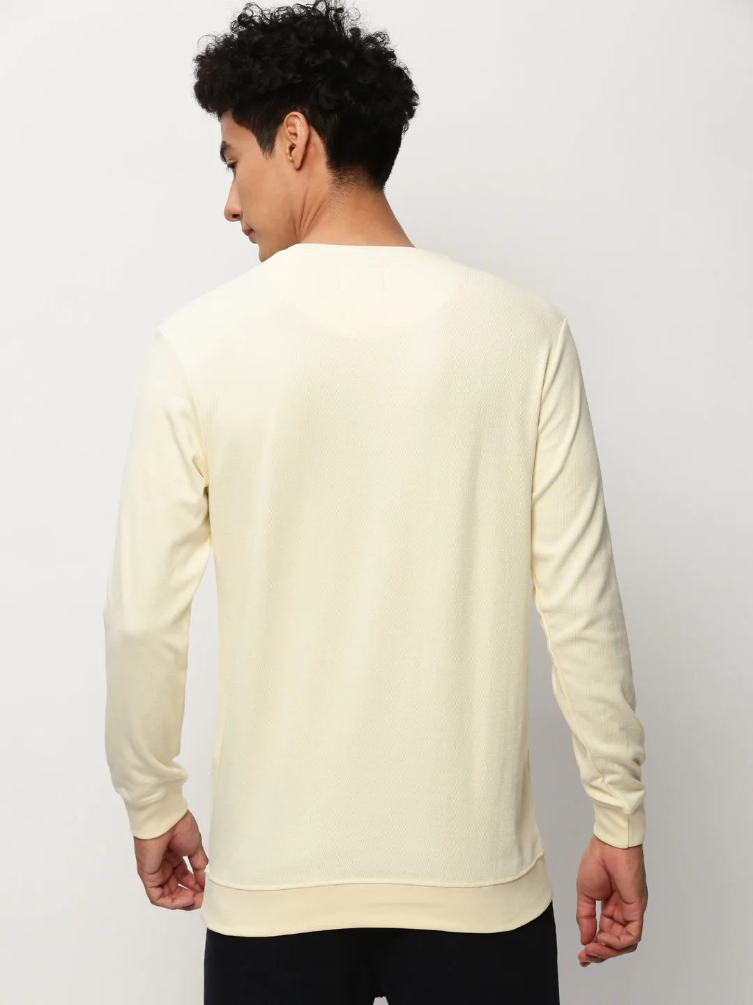 Lightweight Layer Men's Cream Round Neck Long Sleeves Cotton Pullover