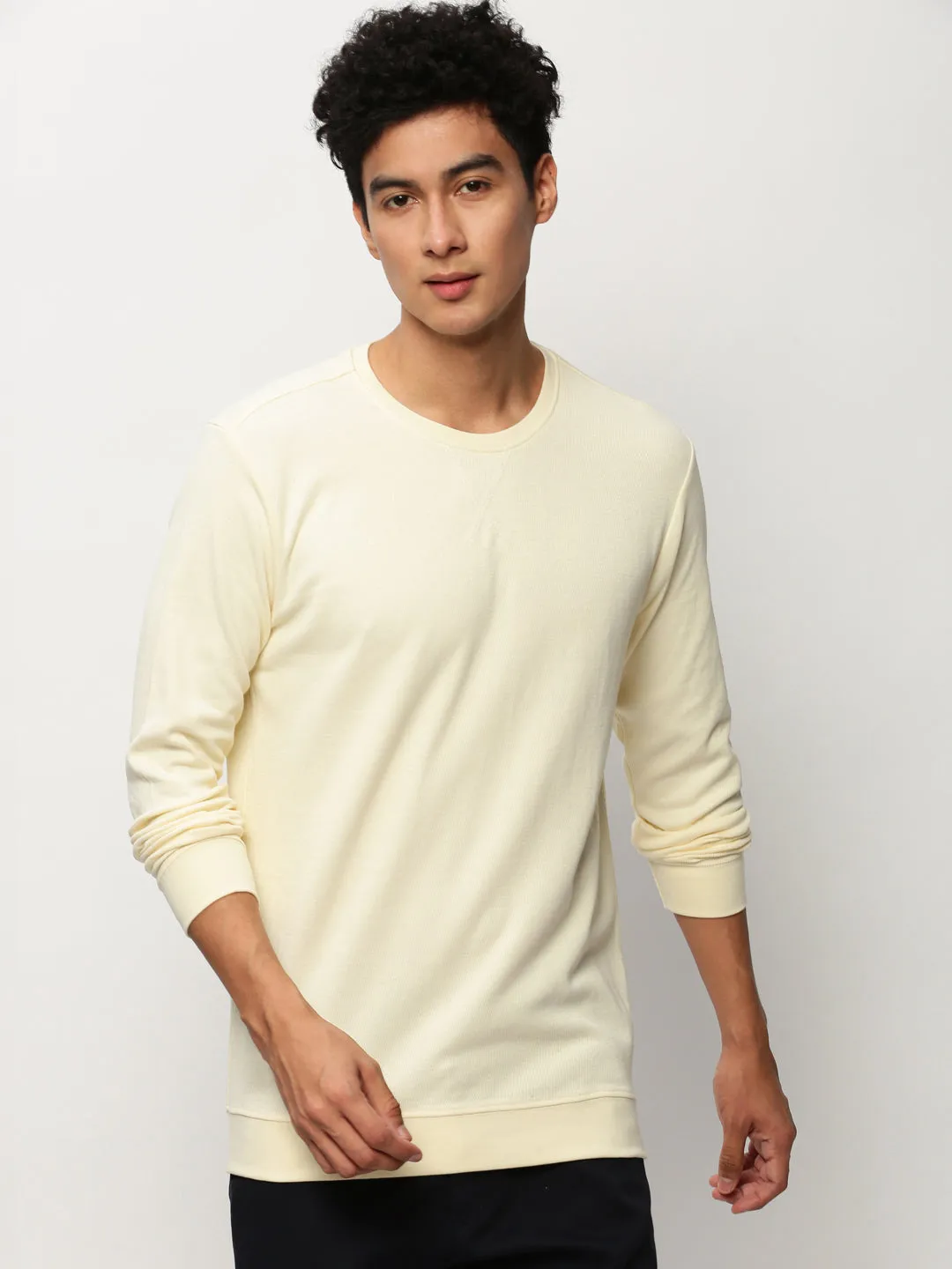 Men's Cream Round Neck Long Sleeves Cotton Pullover product concert wear energy Travel Friendly