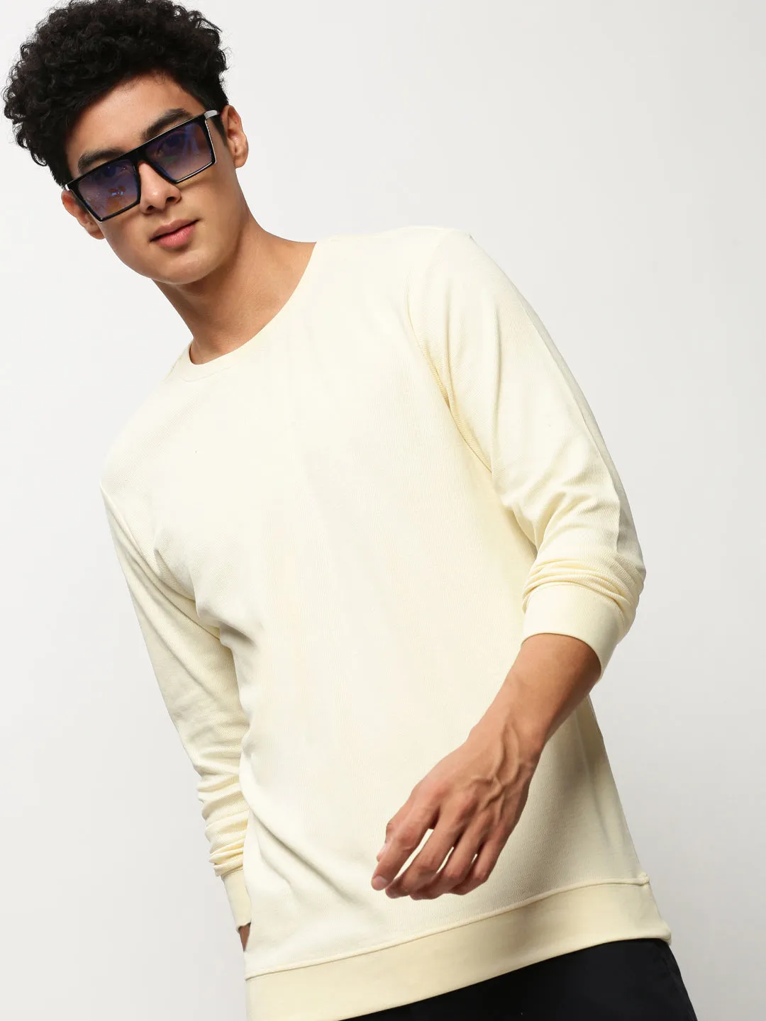 Men's Cream Round Neck Long Sleeves Cotton Pullover Cool Shades
