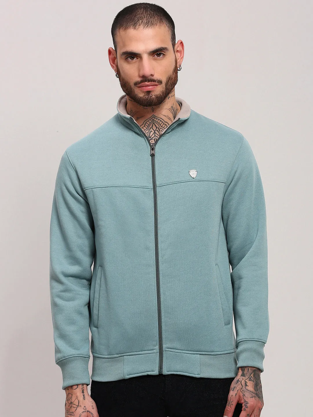 Men's Sea Green Mock Collar Front-Open Sweatshirt Half sleeve product shiny sparkle