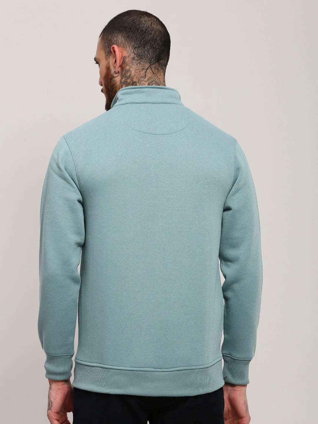 Men's Sea Green Mock Collar Front-Open Sweatshirt Essentials Wear