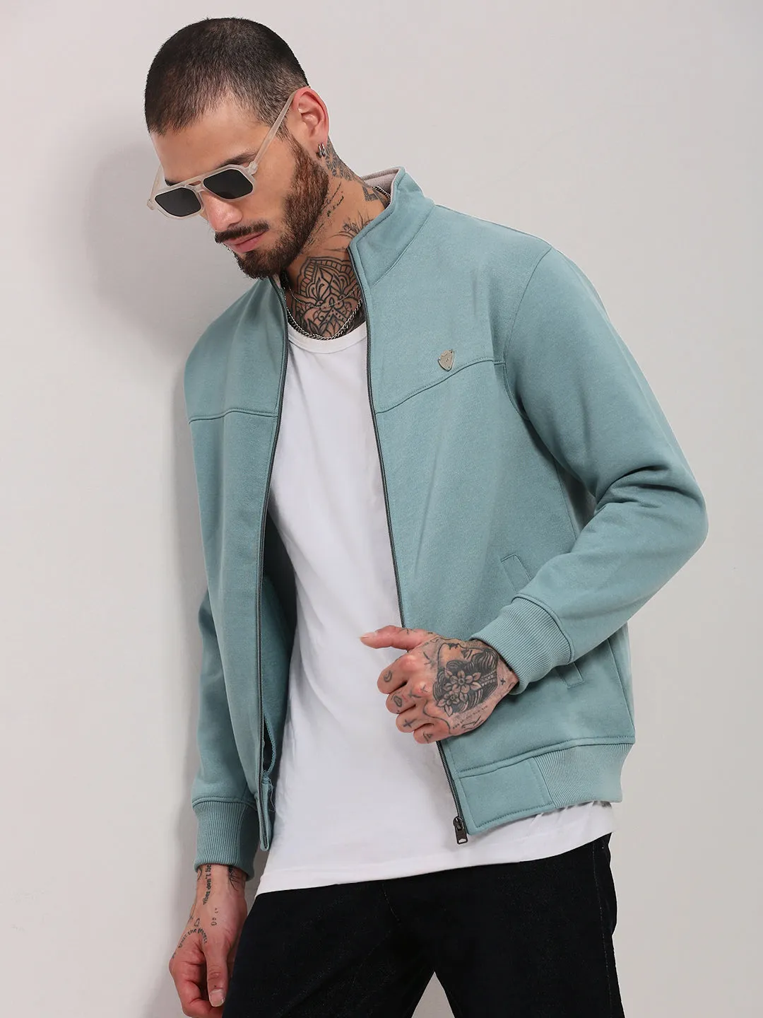 Men's Sea Green Mock Collar Front-Open Sweatshirt Cozy Fashion product package deal