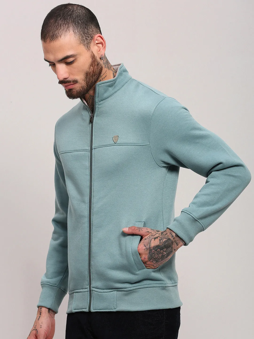 Men's Sea Green Mock Collar Front-Open Sweatshirt good for weekends