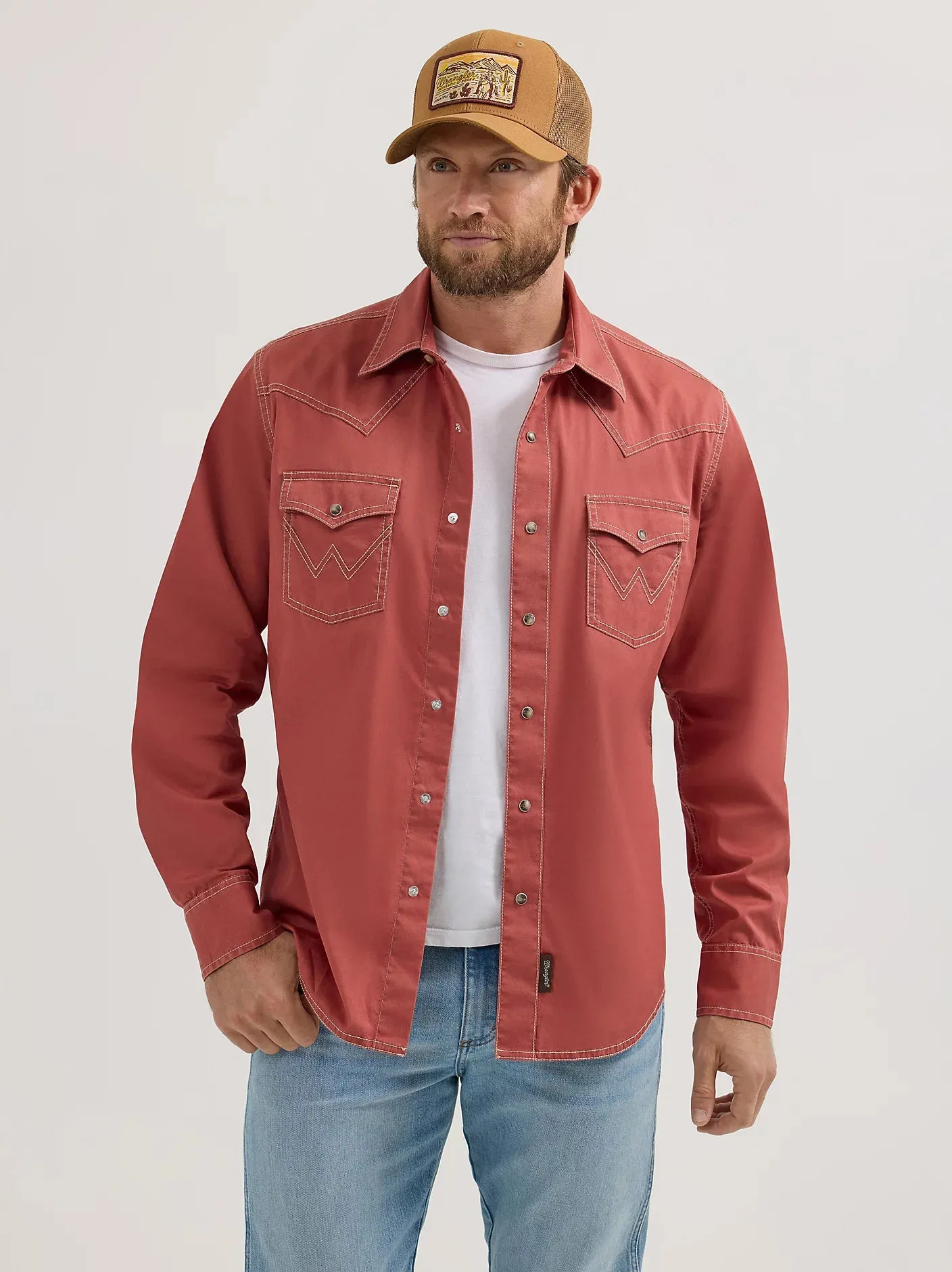 Lightweight Wear Breathable fabric Wrangler Retro Men's L/S Premium Solid Western Snap Shirt in Sunset Orange (Available in Tall Sizes)