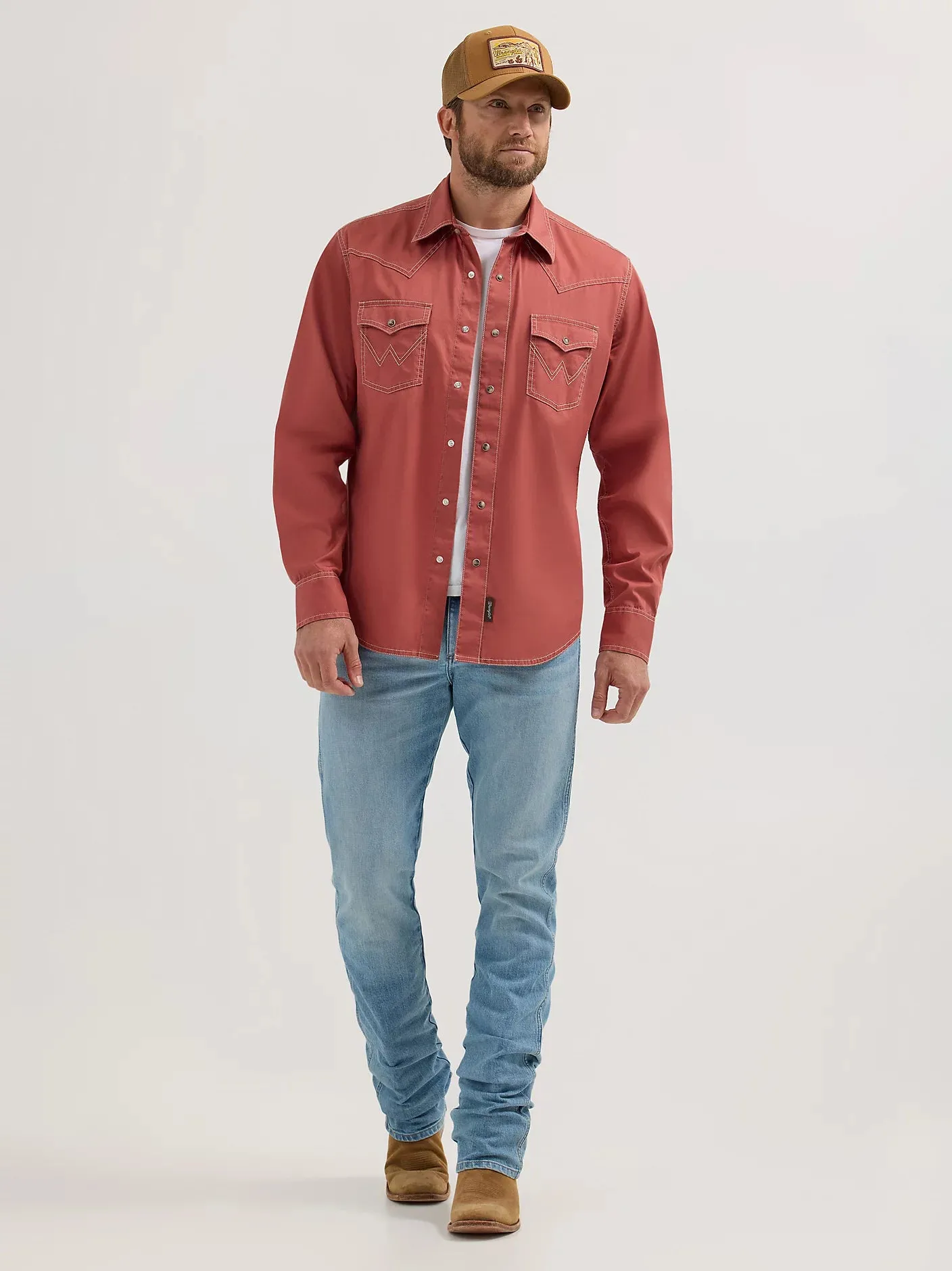 Sophisticated Casual Wrangler Retro Men's L/S Premium Solid Western Snap Shirt in Sunset Orange (Available in Tall Sizes)