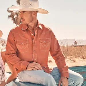 Wrangler Retro Men's L/S Premium Solid Western Snap Shirt in Sunset Orange (Available in Tall Sizes) Heather Texture Finish Durable Ribbed Hem