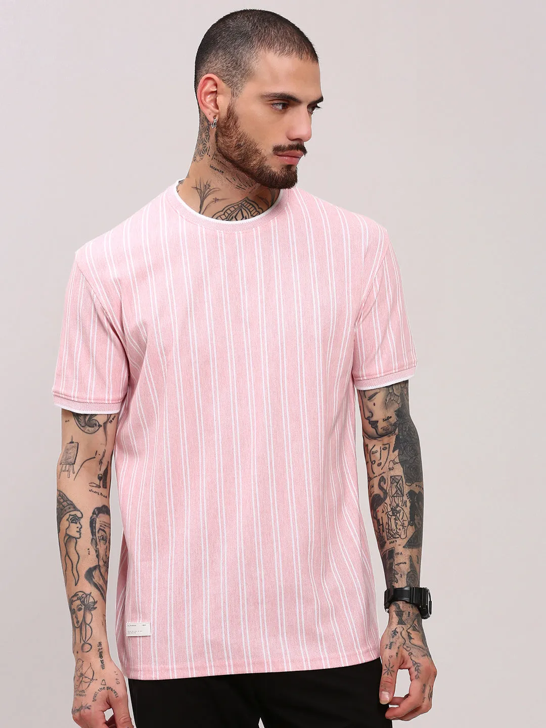 packable Men's Pink Striped T-Shirt
