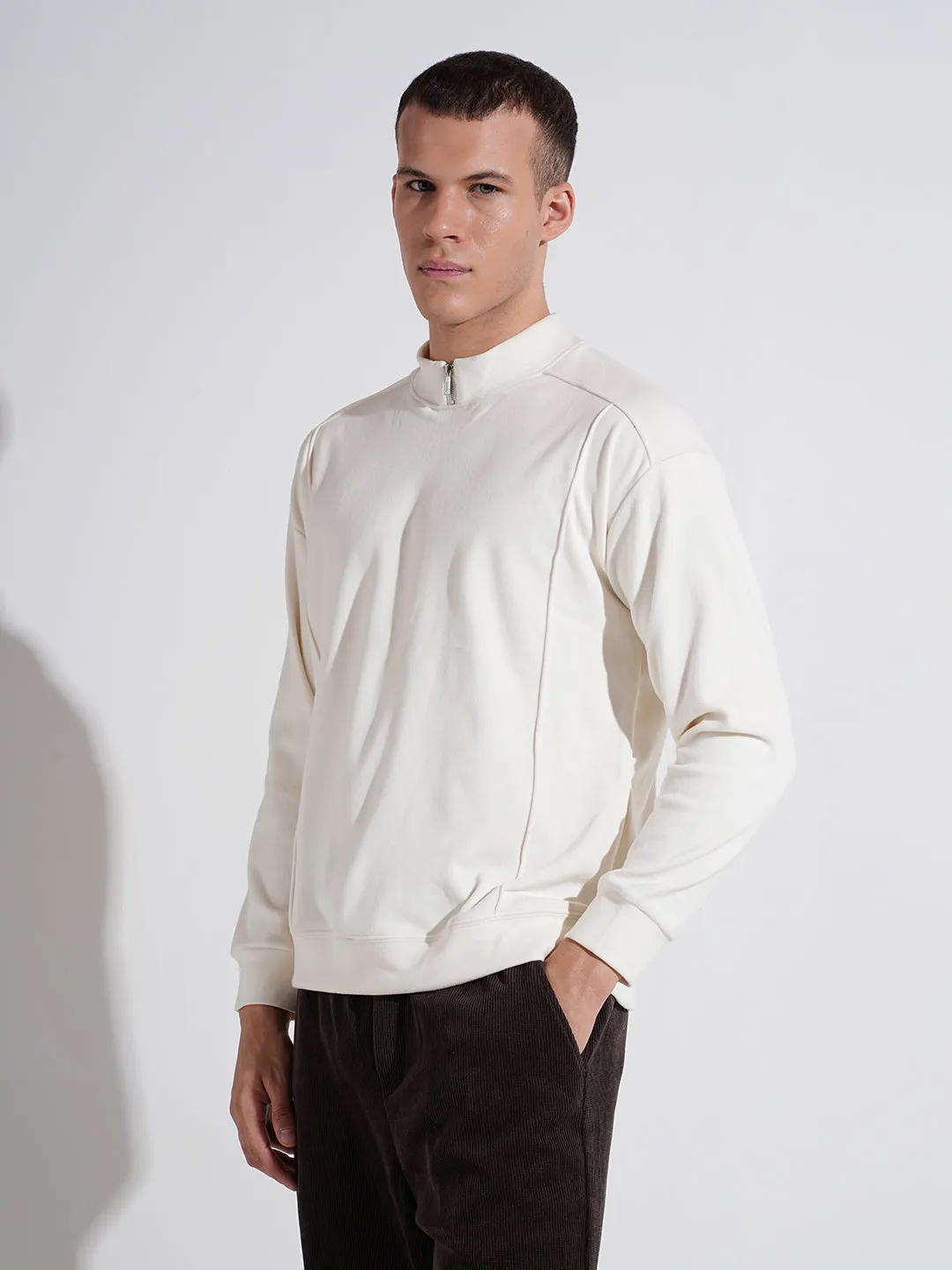 Breathable Men's Off White Mock Collar Regular Fit Sweatshirt