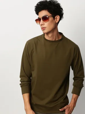 Men's Olive Round Neck Long Sleeves Cotton Pullover Unique Cool Vibes