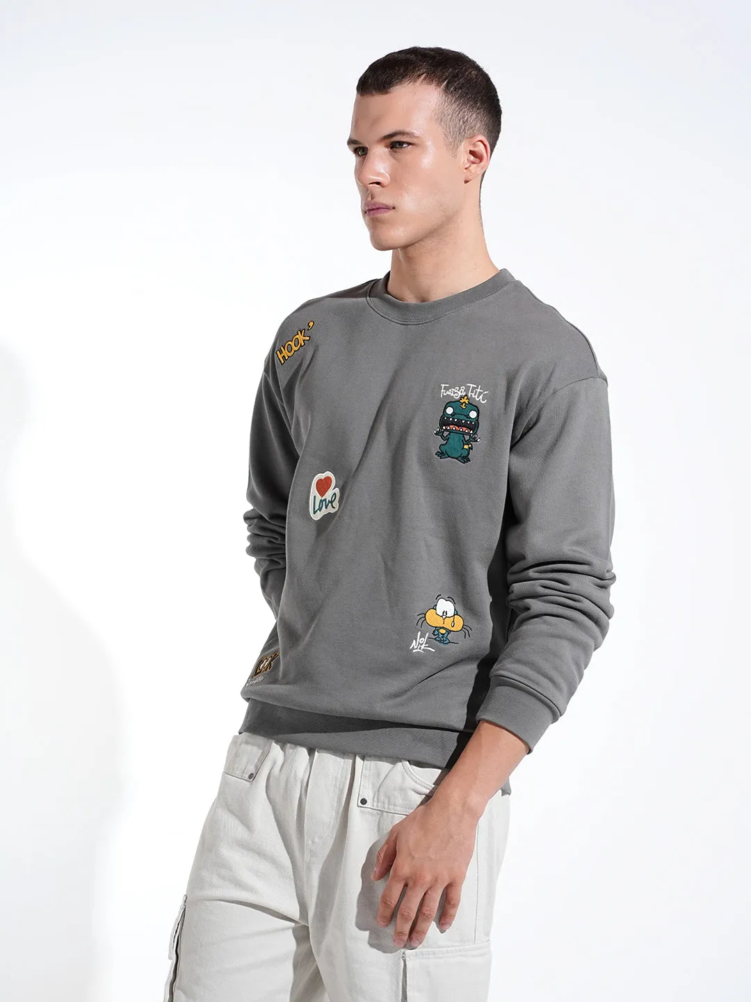 Men's Graphic Print Grey Round Neck Regular Fit Sweatshirt Embroidered Detail