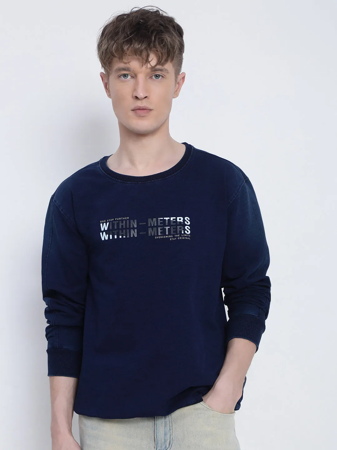 Men's Typography Printed Navy Blue Round Neck Sweatshirt Casual Essentials Quilted Lining