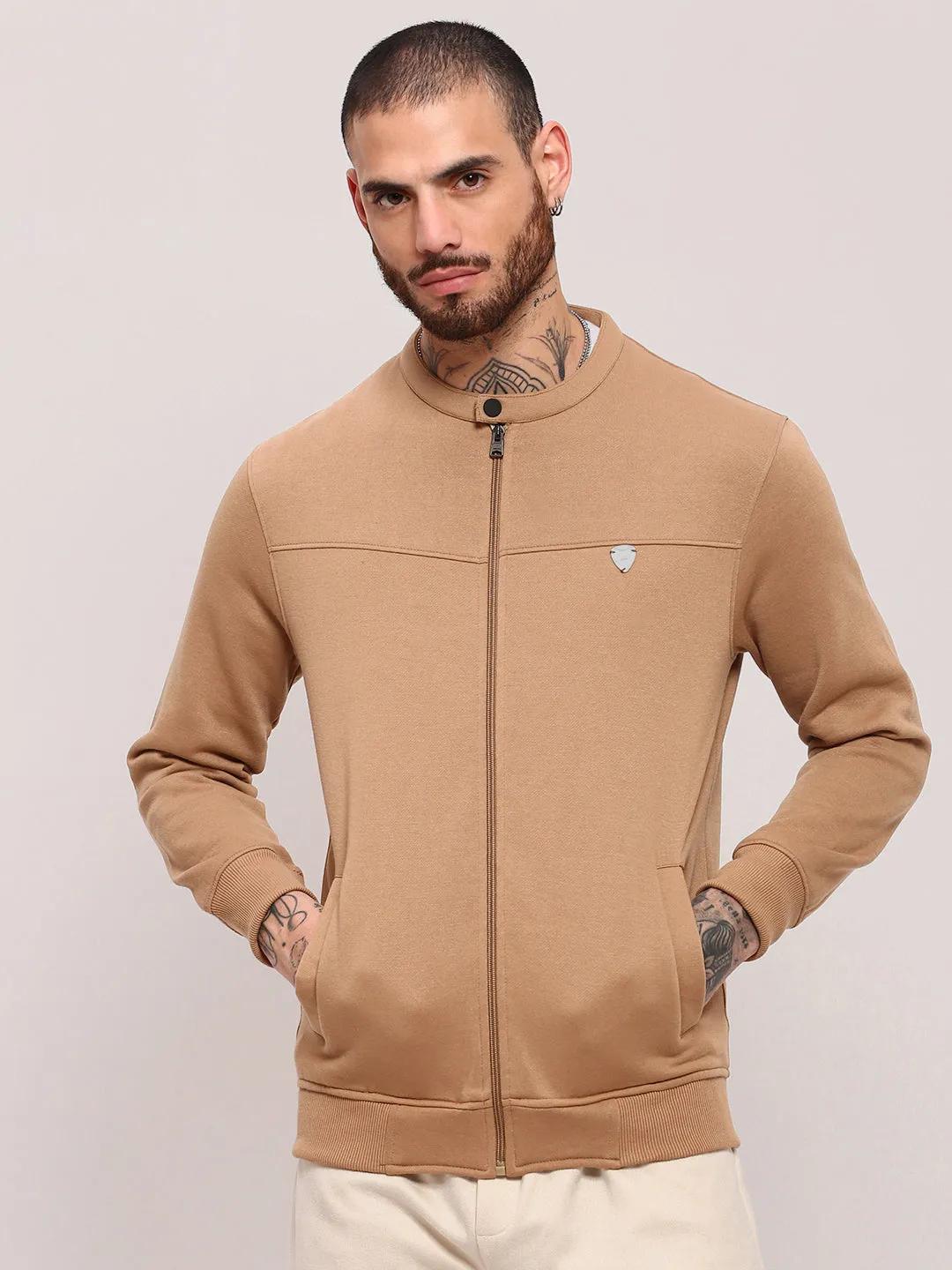 Men's Brown Solid Front-Open Sweatshirt belt accents