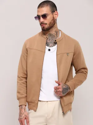 Men's Brown Solid Front-Open Sweatshirt Classic Active Patchwork