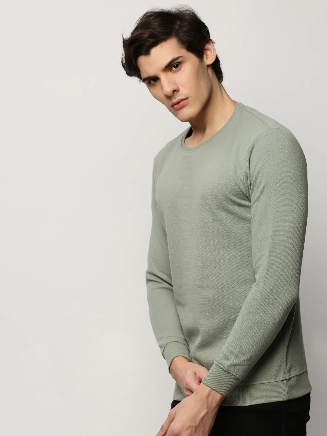 Men's Sea Green Round Neck Long Sleeves Cotton Pullover Color fastness Timeless Sporty