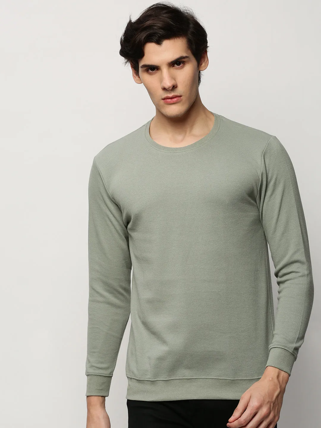 Fat Stylish Men's Sea Green Round Neck Long Sleeves Cotton Pullover