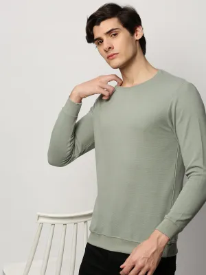 Men's Sea Green Round Neck Long Sleeves Cotton Pullover Drawstring