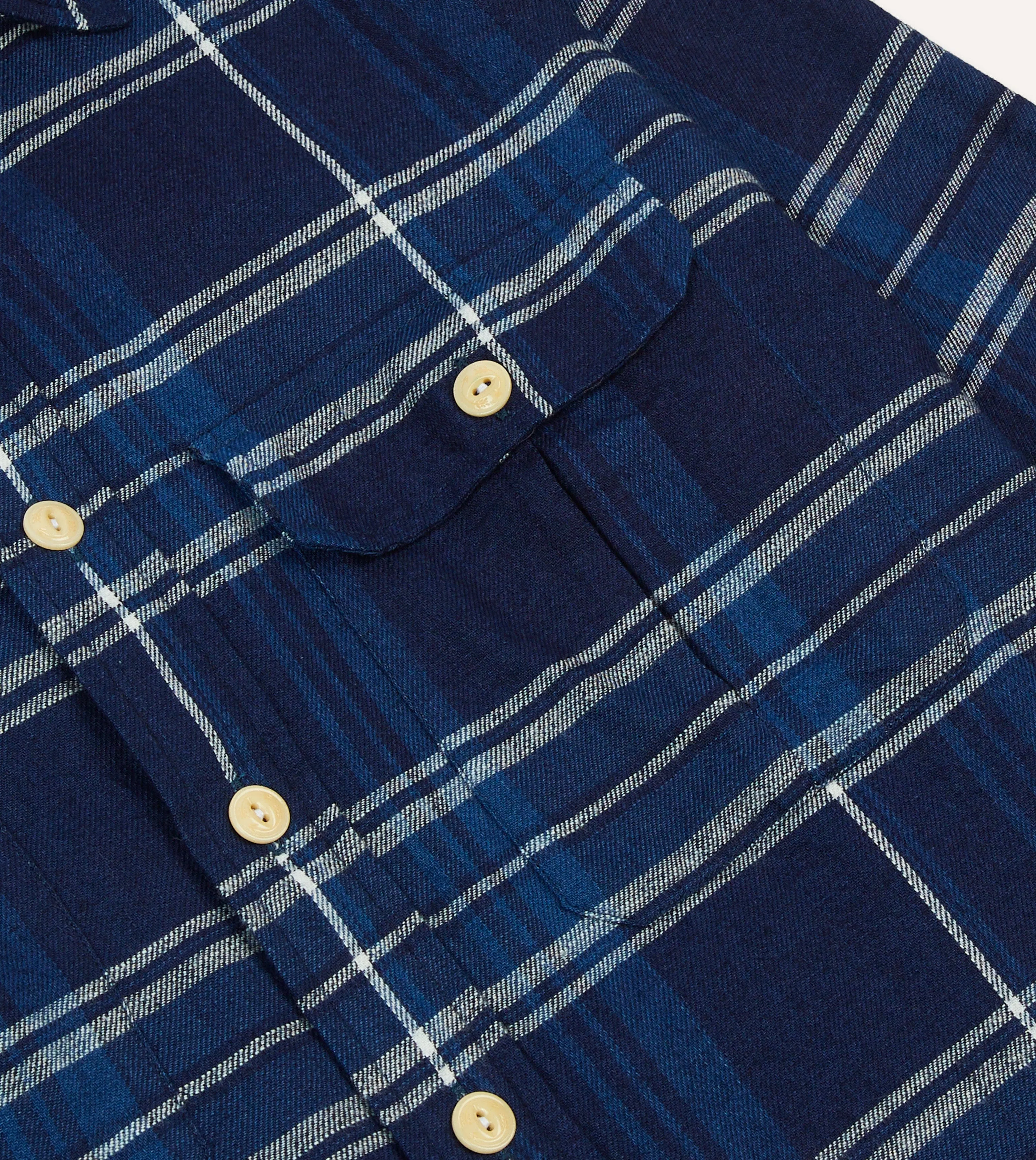 Blue Check Cotton Long Point Collar Work Shirt EasyCare Fabric