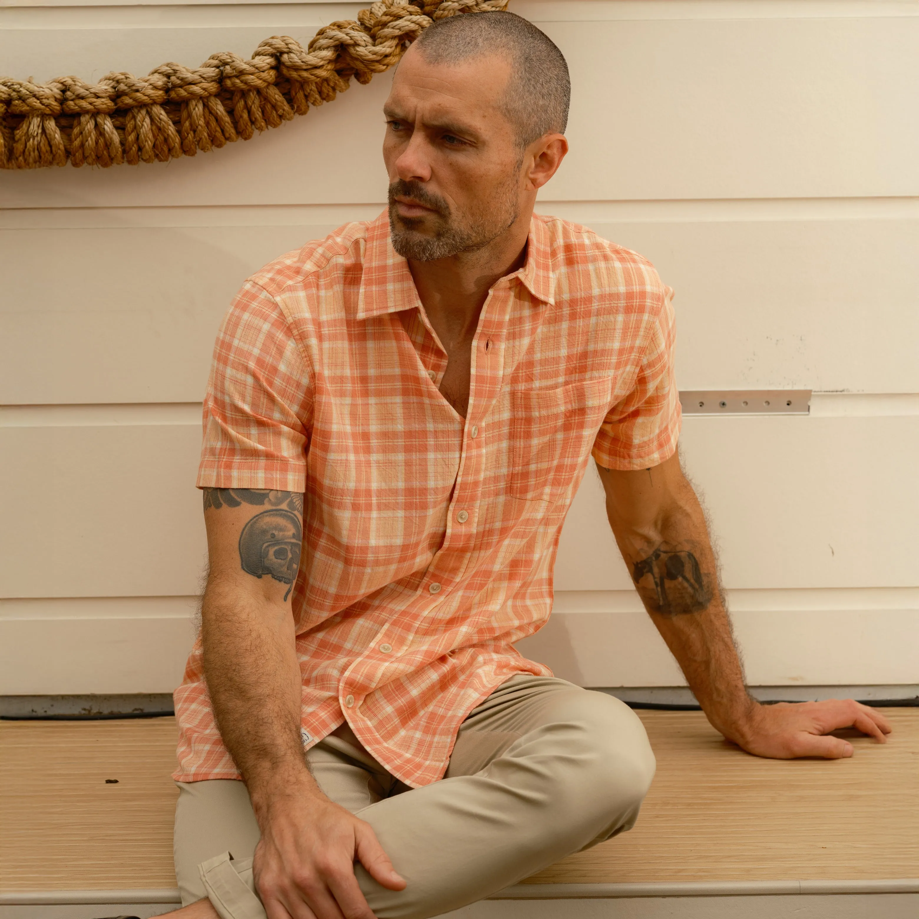 Minimalist Style Light Weight Power Loom Short Sleeve Shirt - Auburn Cream Plaid