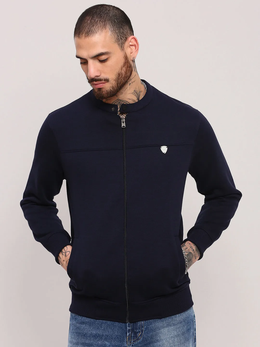 Men's Navy Blue Solid Sweatshirt Layer Chic Street Sporty
