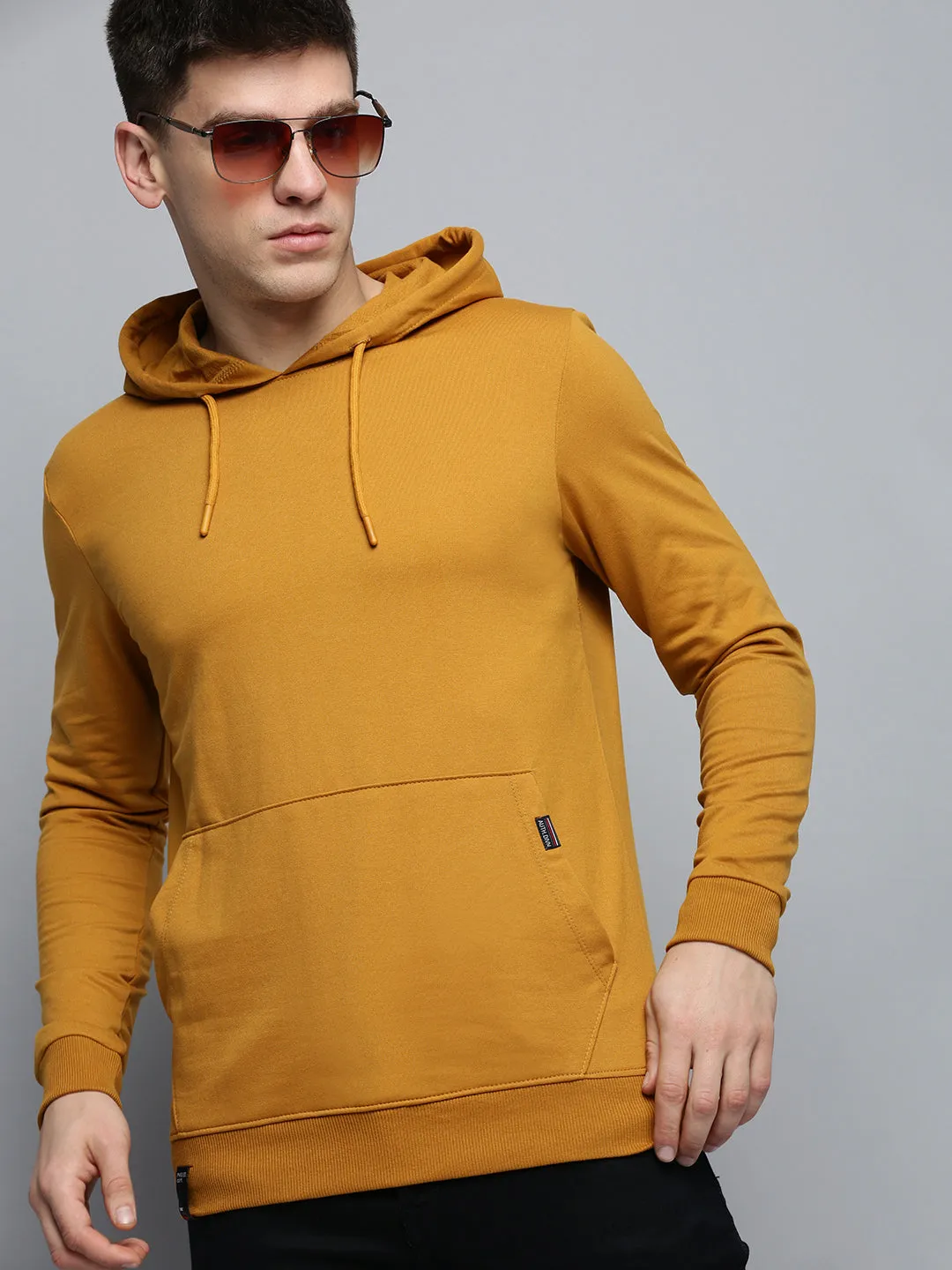 Men's Mustard Hooded Pullover Cotton Sweatshirt hook accents