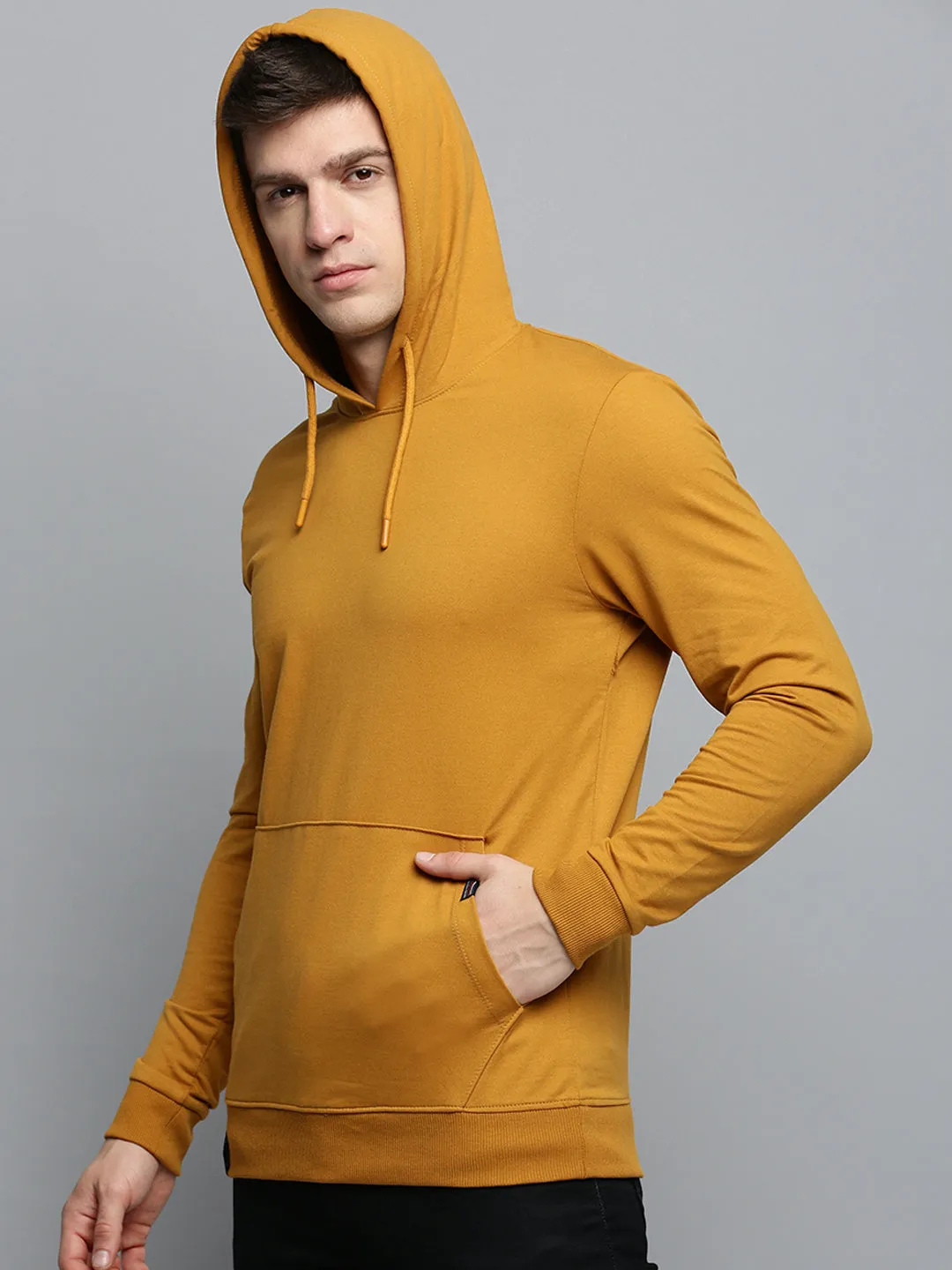 Adjustable buckle accents Men's Mustard Hooded Pullover Cotton Sweatshirt